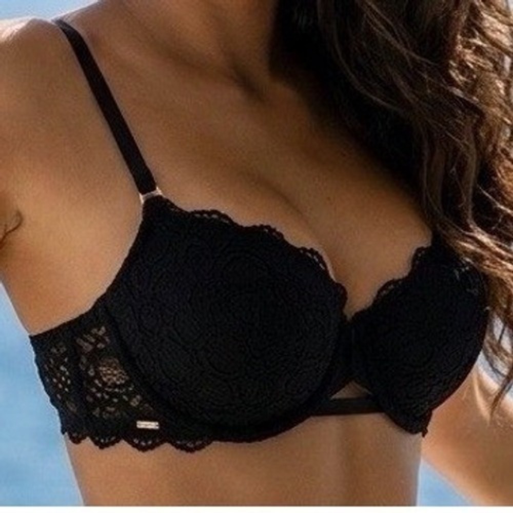 DKNY Lace‎ Push-Up Bra Womens 32D Black NEW Padded Underwire Floral Balconette